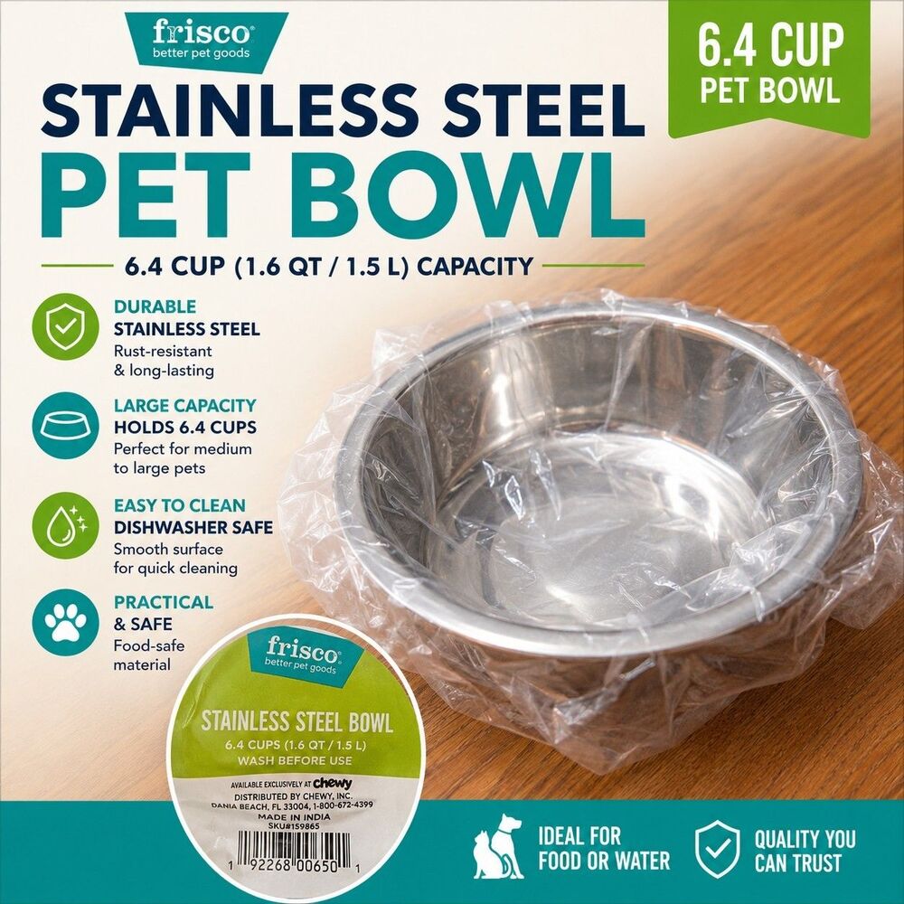 Frisco Stainless Steel Dog Cat Bowl 1.6 QT 6.4 Cup Small Medium NEW
